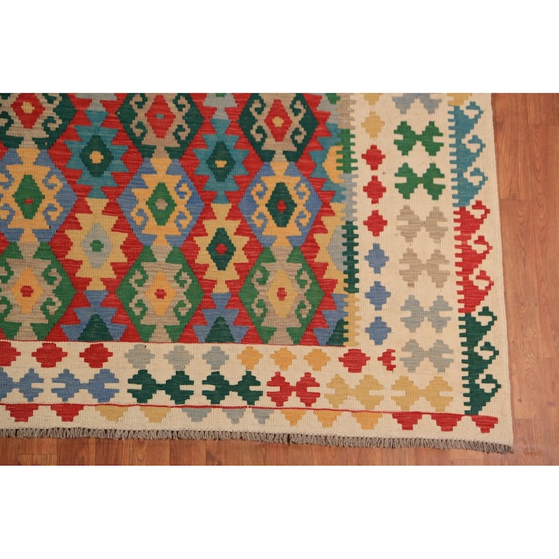Geometric Multi-Color Kilim Reversible Area Rug Flatweave Wool Carpet - 8'0"x 11'3"