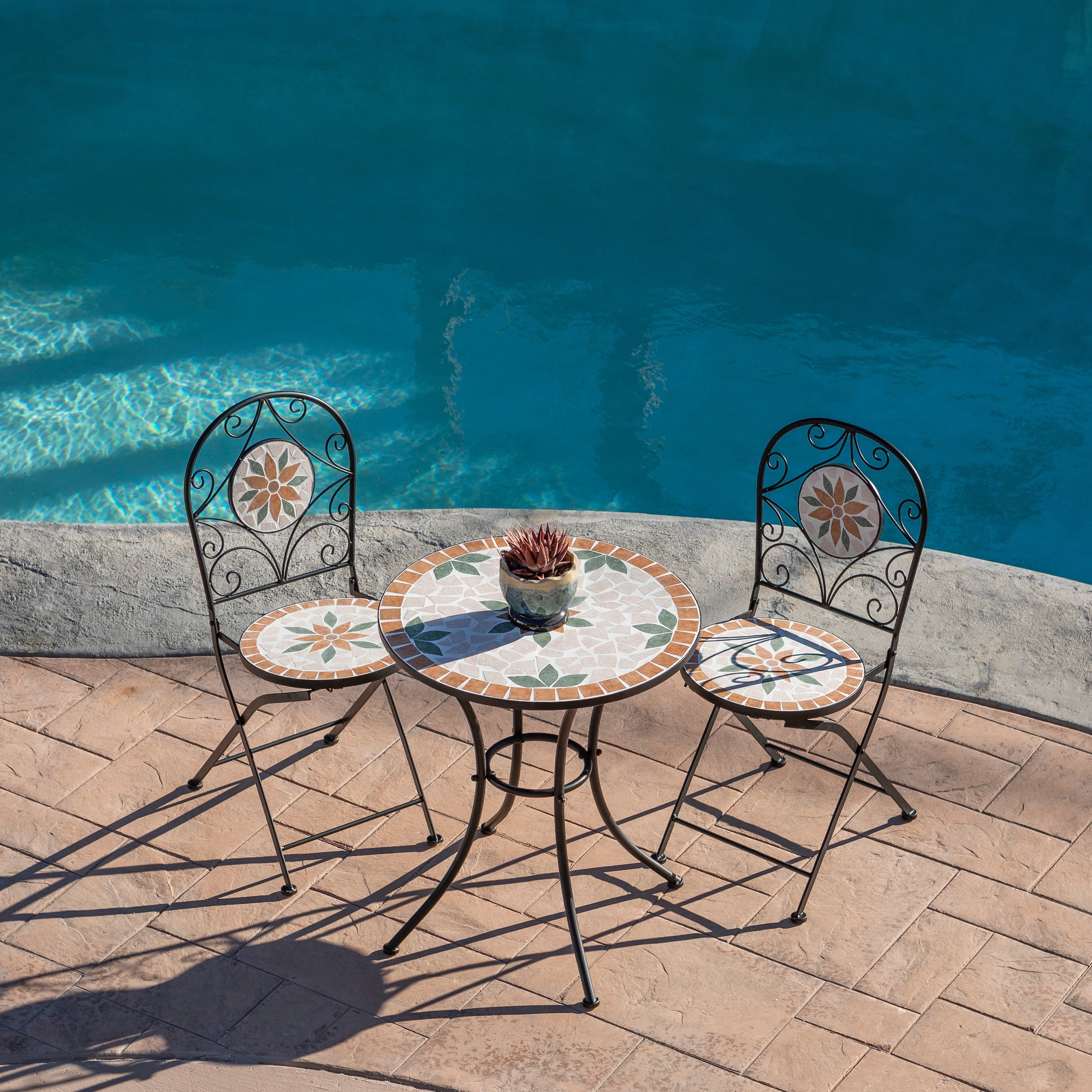 Alpine Corporation Indoor/Outdoor 3-Piece Mosaic Bistro Set Folding Table and Chairs Patio Seating