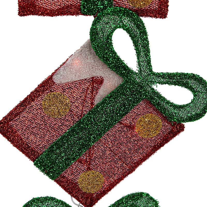 44" Lighted Red Tinsel Stacked Flat Gift Box Christmas Decoration