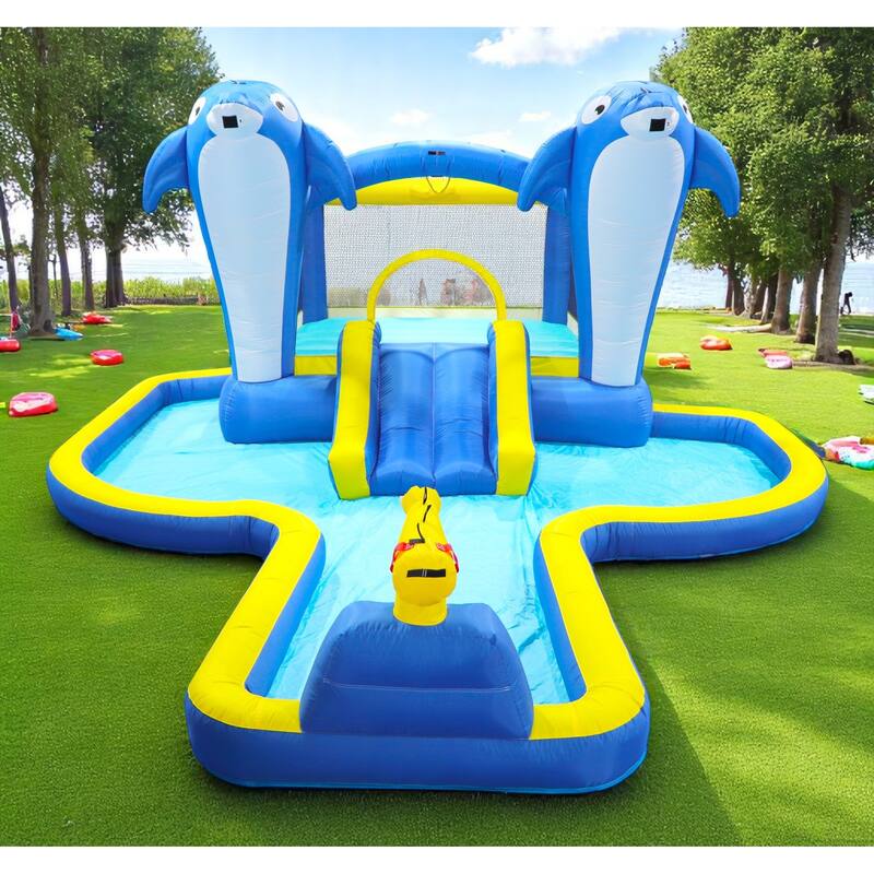 8-in-1 Inflatable Water Park with Slide,Splash Pool,Water Guns, Basketball Hoop & Climbing Wall - Includes ETL-Certified Blower - Multicolor