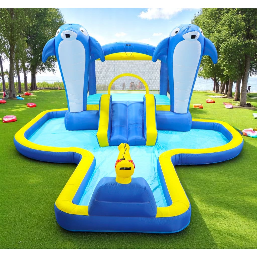 8-in-1 Inflatable Water Park with Slide,Splash Pool,Water Guns, Basketball Hoop & Climbing Wall - Includes ETL-Certified Blower