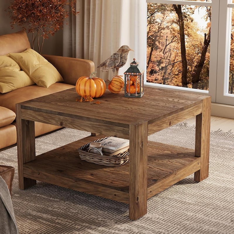 31.5" Square Farmhouse Solid Wood Coffee Table with Storage Shelf for Living Room, Small Space, Office,