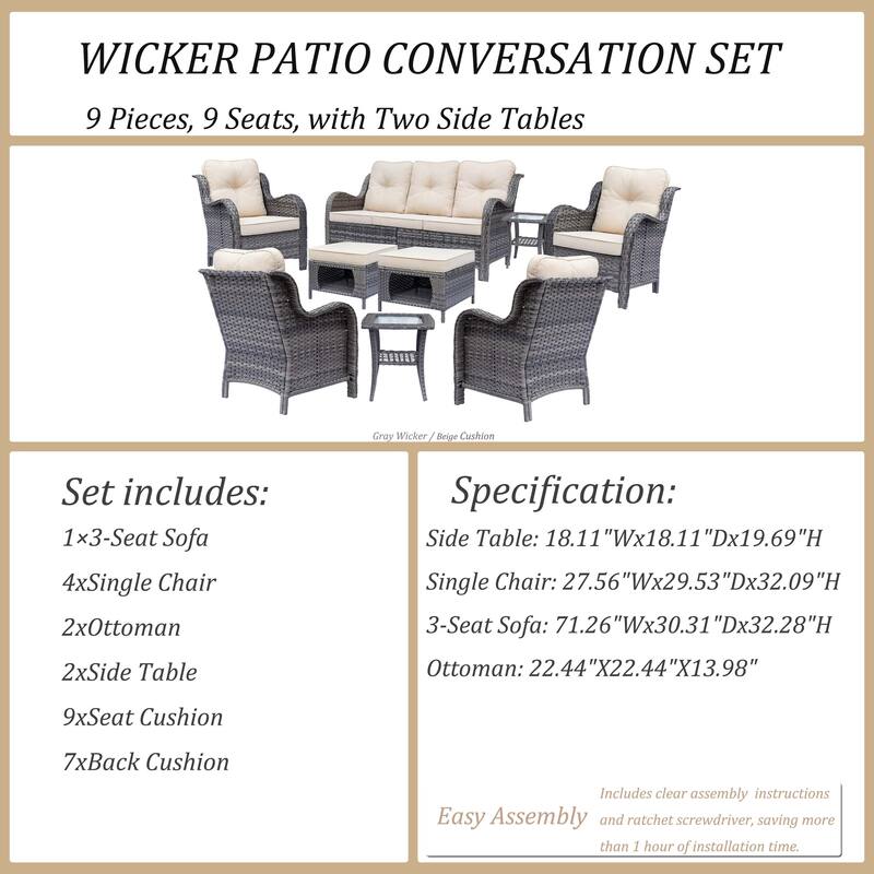 9 Piece Outdoor Patio Conversation Wicker Furniture Sofa Seating Sets