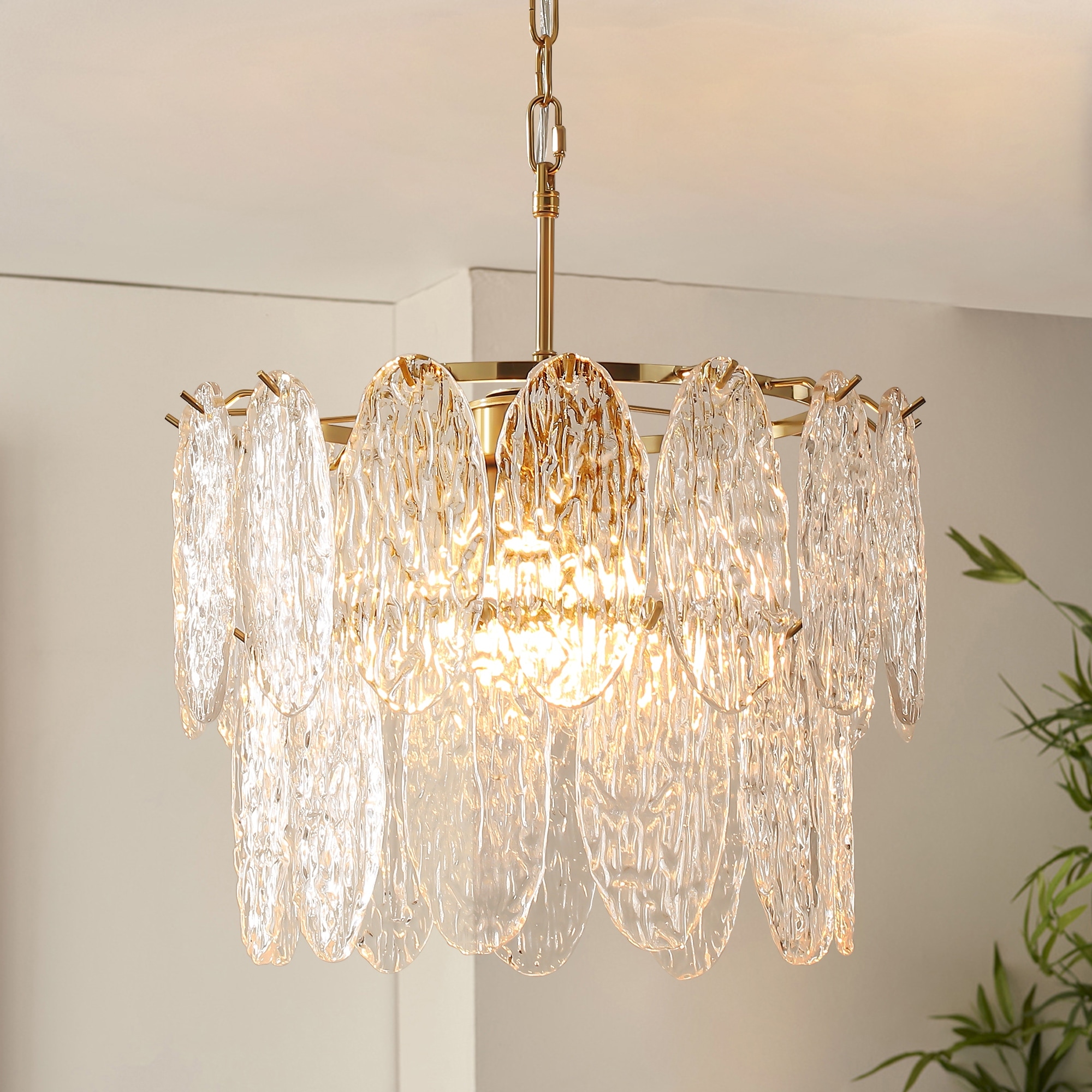 15.7 2-Light Modern Luxury Gold Handmade Clear Textured Leaf-Shaped Glass Tiered Chandelier for Living Room, Dining Room