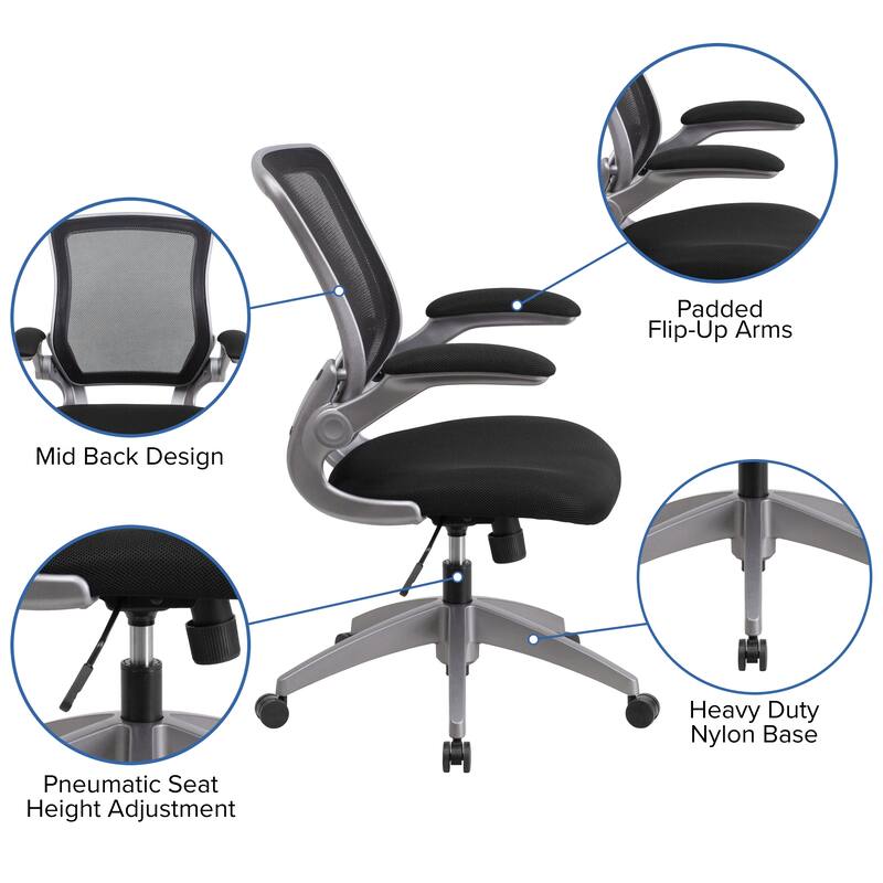 Mid-Back Mesh Swivel Ergonomic Task Office Chair with Gray Frame and Flip-Up Arms