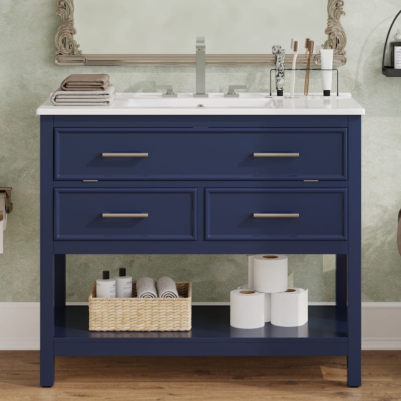 36" Vanity with Ceramic Sink,Vanity with Tip-Out Tray and 2 Full-Extension Drawers,Pulls and Close Drawer Slides Design - Blue