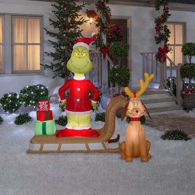 Gemmy Christmas Inflatable Grinch and Max Sled Scene with Gift Stack, 6 ft Tall