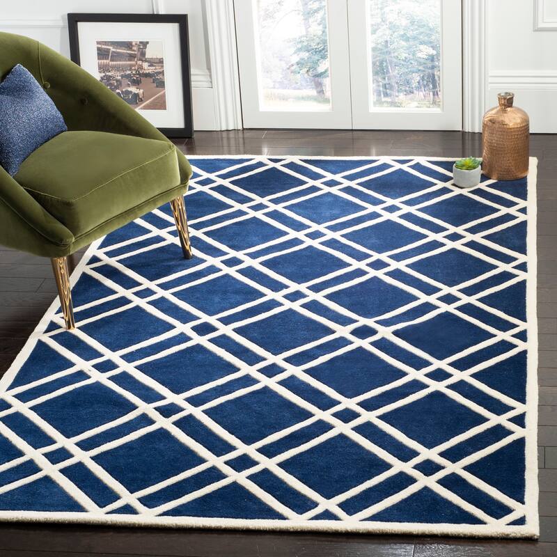 SAFAVIEH Handmade Chatham Geronda Modern Moroccan Wool Rug - 8'9" x 12' - Dark Blue/Ivory