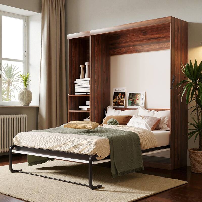 Twin/Full Size Murphy Wall Bed with Side Cabinet Storage, Foldable Bed with Slat Support, Space-Saving Bedroom Furniture