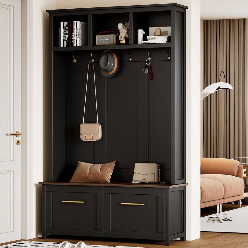 Versatile 4-in-1 Hall Tree with 6 Golden Hooks, Wood Grain Bench & 2 Drawers for Entryway Storage