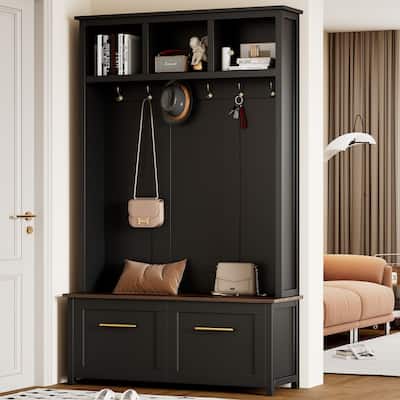 Versatile 4-in-1 Hall Tree with 6 Golden Hooks, Wood Grain Bench & 2 Drawers for Entryway Storage