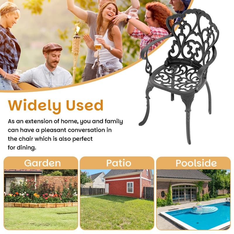 Black Cast Aluminum Patio Outdoor Dining Chairs with Off-White Seat Cushions (Set of 2)