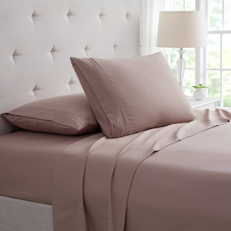Rayon from Bamboo 4 Piece Luxury 3 Line Embroidered Sheet Set - King - 3 Line - Taupe
