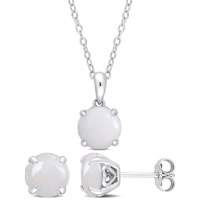 Miadora Gemstone Birthstone Earrings and Necklace Set Sterling Silver - Opal | October