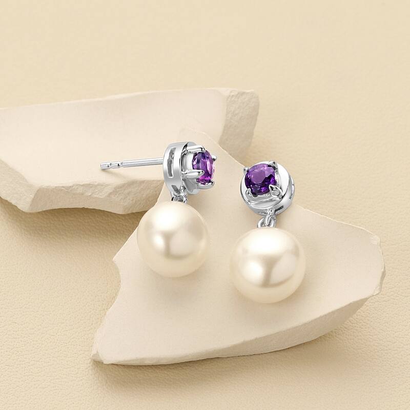 Freshwater Pearl and Amethyst Birthstone Sterling Silver Drop Earrings