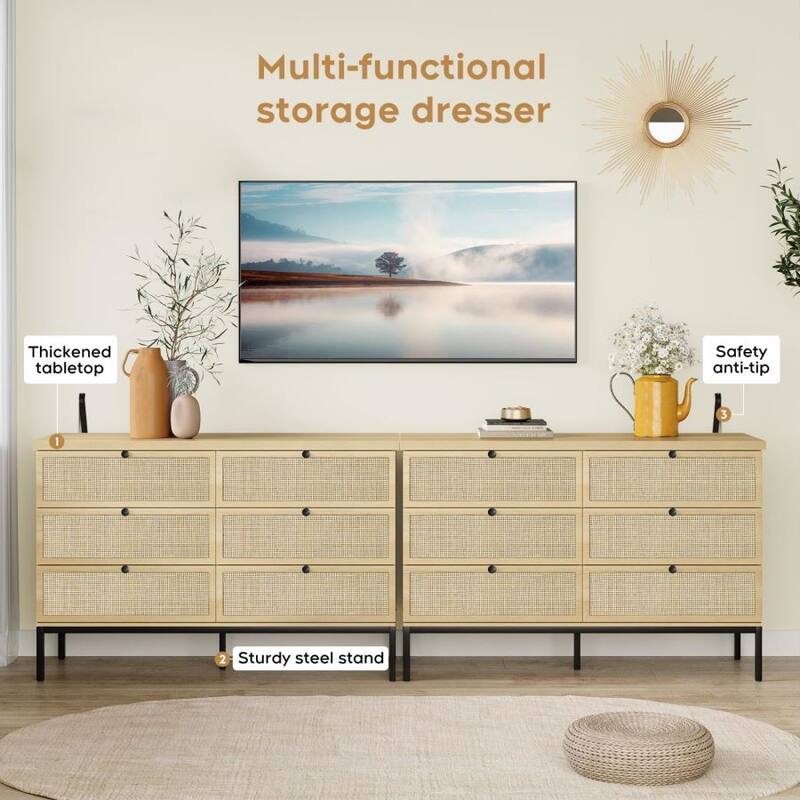 Boho Natural Rattan 6-Drawer Dresser