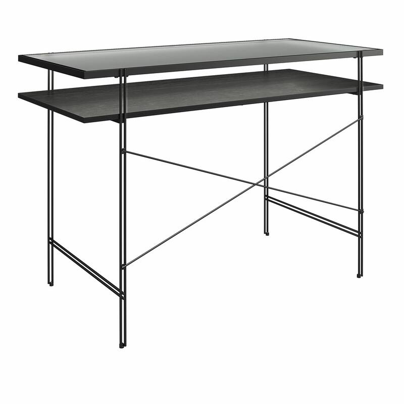 Roomfitters Vance Computer Desk with Fluted Glass Top and Open Shelving, Laminated Wood, Black