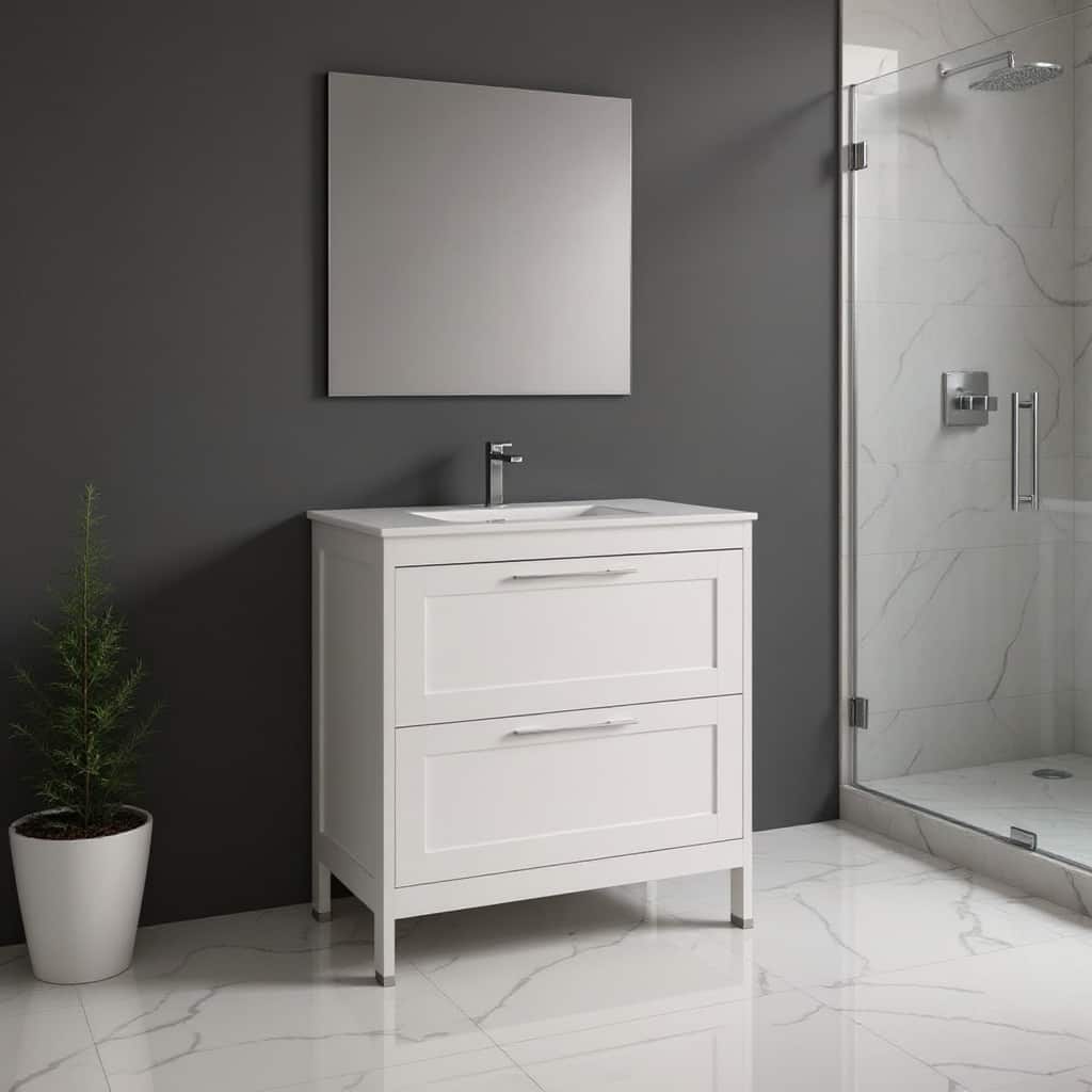 HomeRoots 32" White Wood Freestanding Bathroom Vanity With White Sink And Two Drawers - 32.00 in. x 35.06 in. x 17.75 in.