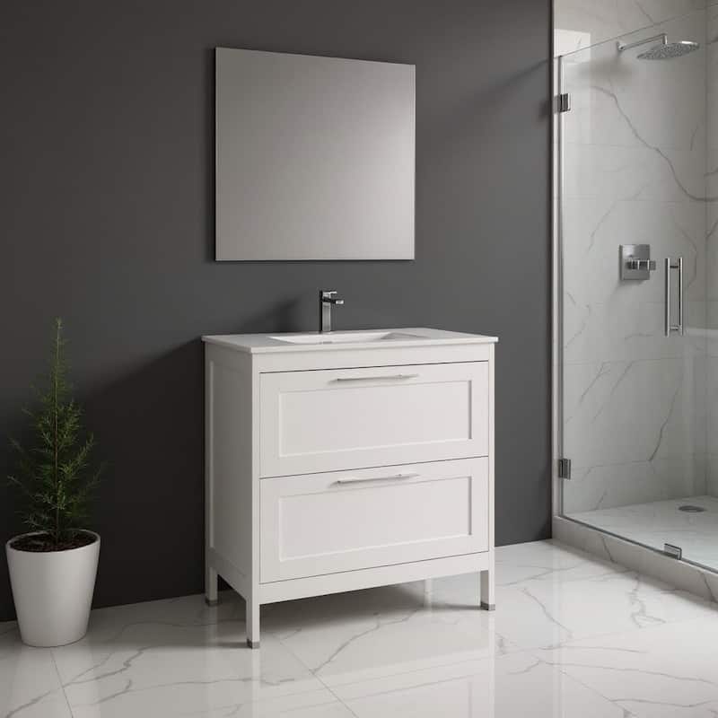 HomeRoots 32" White Wood Freestanding Bathroom Vanity With White Sink And Two Drawers - 32.00 in. x 35.06 in. x 17.75 in. - 32.00 in. x 35.06 in.  x 17.75 in. - Polished - White