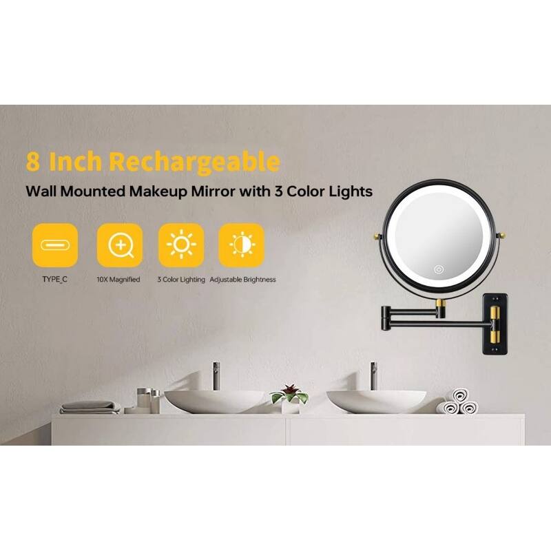 360° Swivel Wall Mounted Makeup Mirror with LED Lights & Extension Arm, 8.6"/8"in. Double Sided 1X/10X Magnifying Mirror