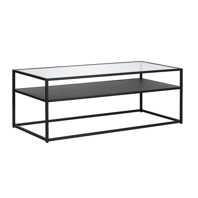 46 Inch Black Glass Coffee Table with Steel Base and Storage Shelf - 46” x 20” x 17” - Black