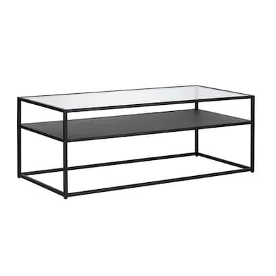 46 Inch Black Glass Coffee Table with Steel Base and Storage Shelf - 46” x 20” x 17”