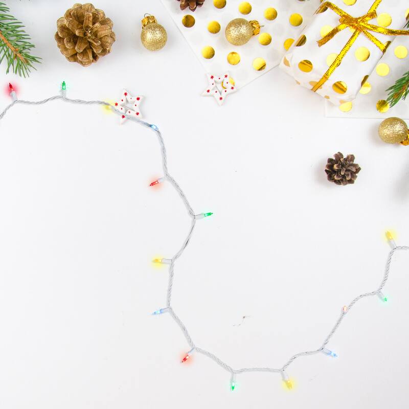 Set of 100 Multi-Color LED Mini Christmas Lights 4" Spacing - White Wire