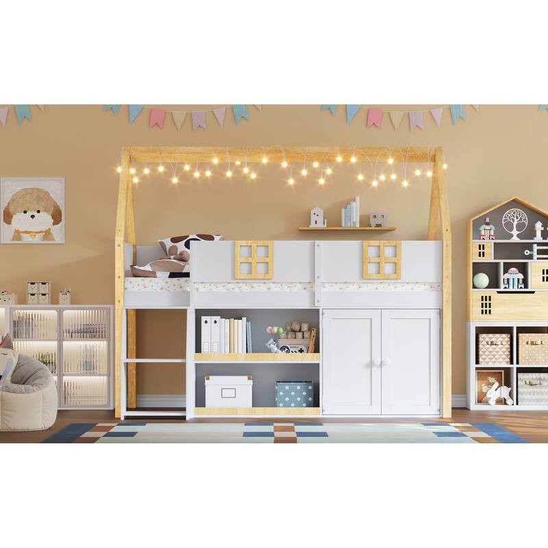 Roomfitters Twin/Full Low Loft Bed with LED Lights, Storage Staircase and Cabinets