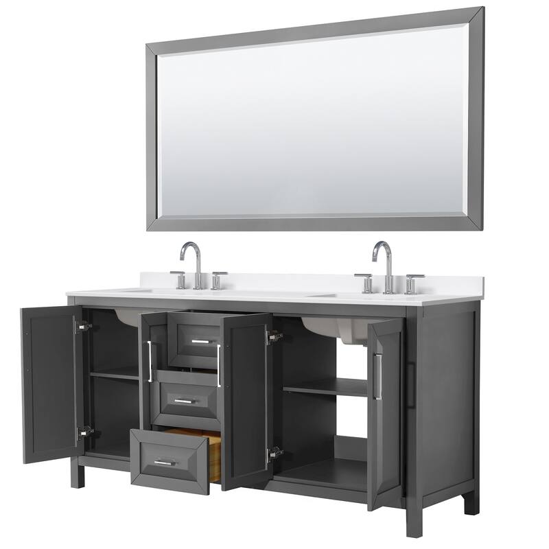 Daria 72-inch Double Vanity, 3 Hole Quartz Top, 70-inch Mirror