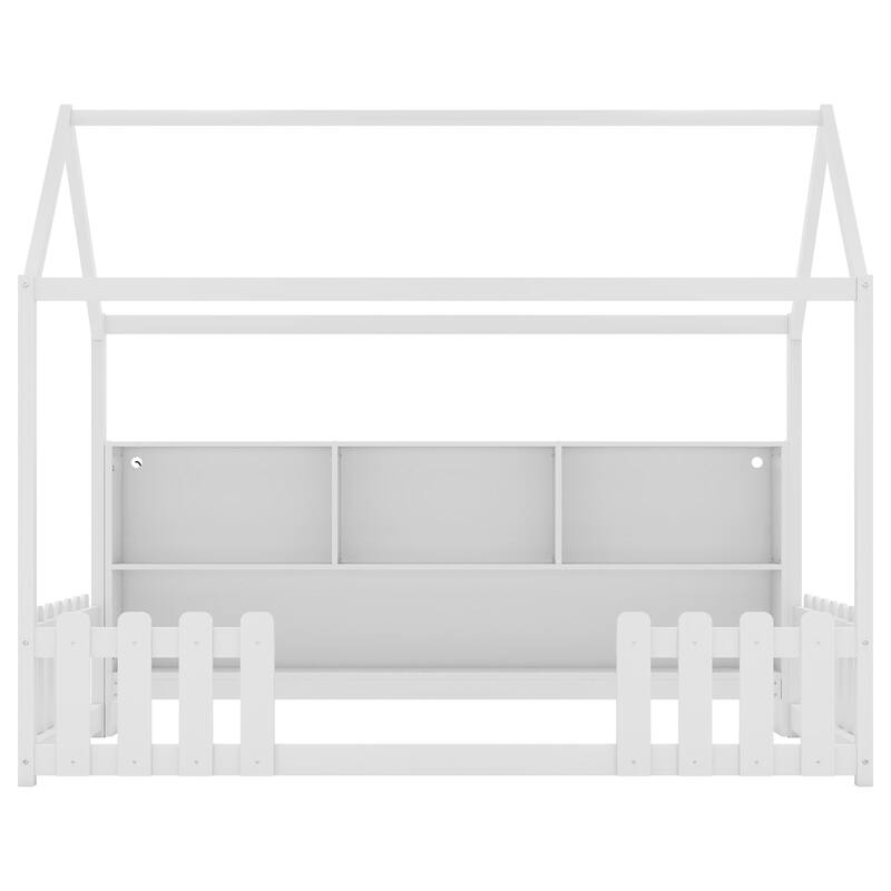 Twin Size Wood House Bed with LED Light and Storage Bookshelf, Floor House Bed with Guardrails