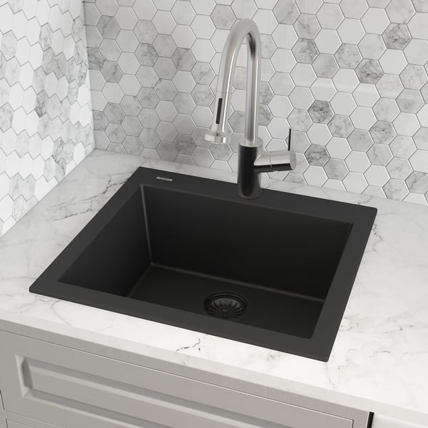 slide 2 of 11, Ruvati 22 x 20 inch epiGranite Drop-in Topmount Granite Composite Single Bowl Kitchen Sink - Midnight Black - RVG1022BK