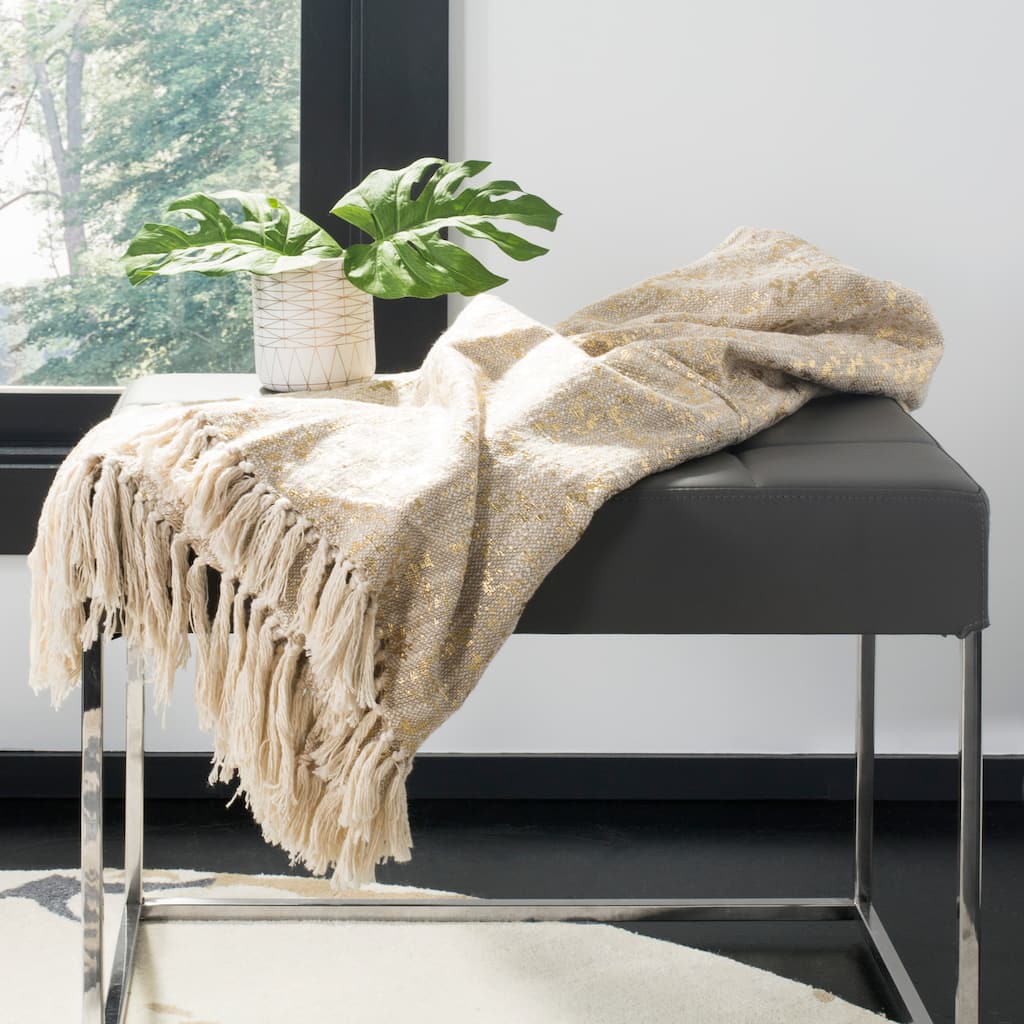 SAFAVIEH Zemfira Natural And Metallic Gold Cotton Throw Blanket