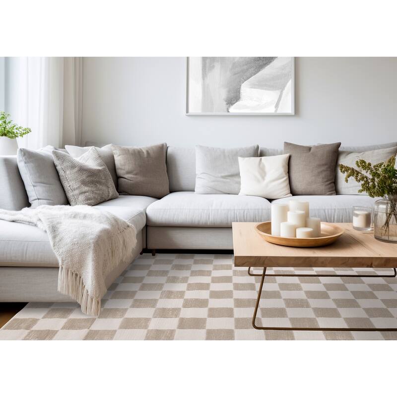 Leonardo Brown Off-White Checkered Area Rug