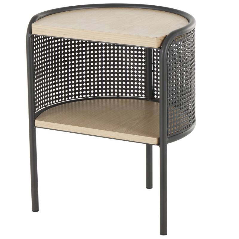 Light Brown Wooden Half-Moon Two- Toned 1 Shelf Side End Accent Table with Mesh Back Panel and Brown Wood Tabletop