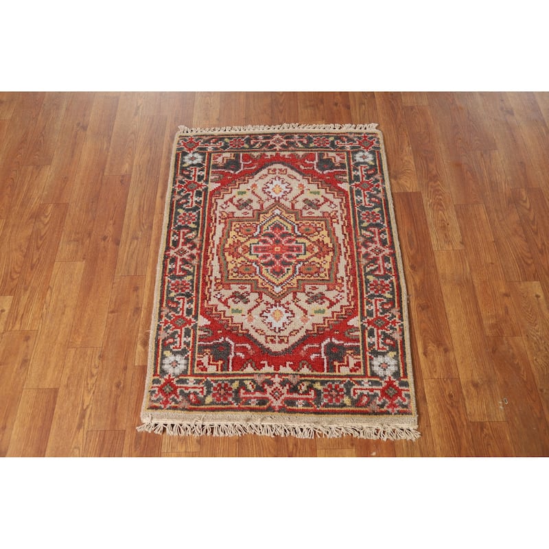 Hand Knotted Oriental 100% Wool Carpet Traditional Medallion Beige & Ivories Heriz (serapi) Area Rug - 3' 0'' X 2' 0''