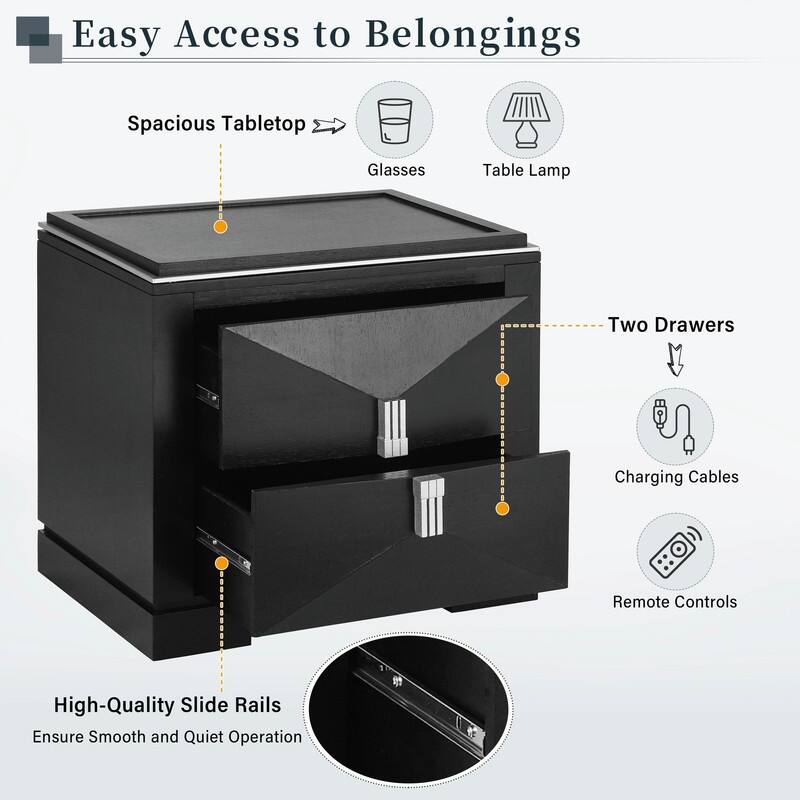 Mid-Century Modern Nightstand with 2 Drawers - Wide Wood End Table with Diamond Design and Heavy-Duty Base