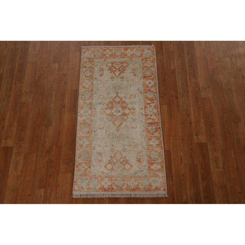 Geometric Oushak Turkish Traditional Oriental Wool Rug Hand-knotted - 1'11" x 3'10"