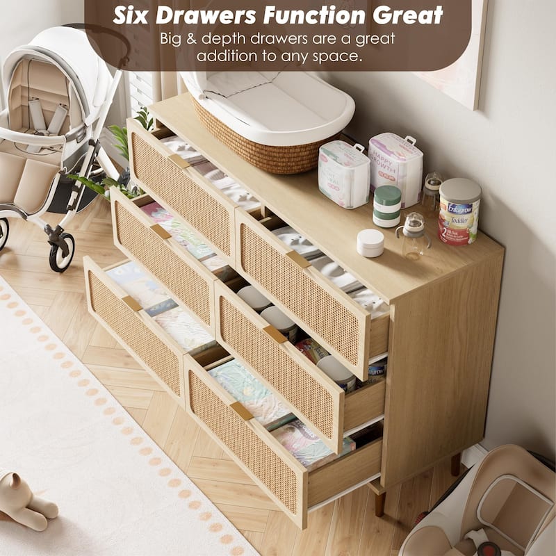 Rattan 6 Drawer Dresser for Bedroom, Large Double Dresser with Deep Drawers, Wooden Chest of Drawers for Closet with Wide Top