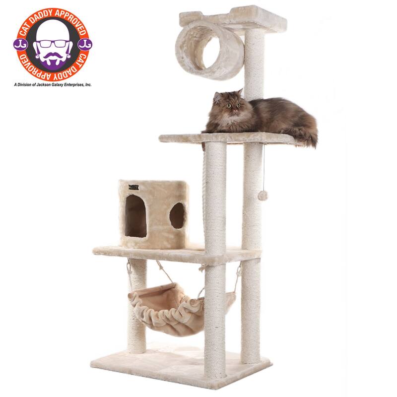 62" Real Wood Cat Tree With Scratch posts, Hammock - Beige
