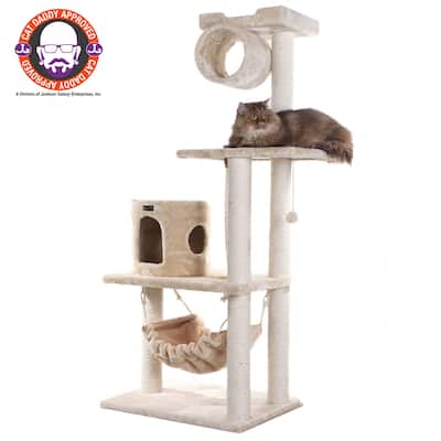 62" Real Wood Cat Tree With Scratch posts, Hammock - Beige