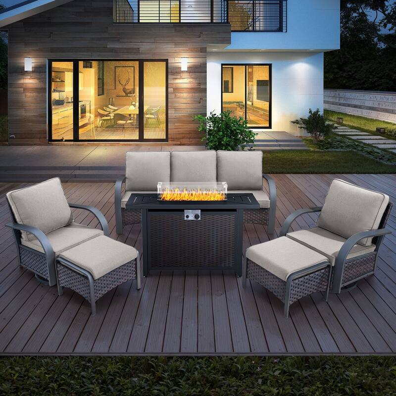 Outdoor Sofa Chair with Fire Pit Table Set - Brown Rattan - Beige Cushion - 6PCS Sofa Swivel Chair Ottoman with Fire Table