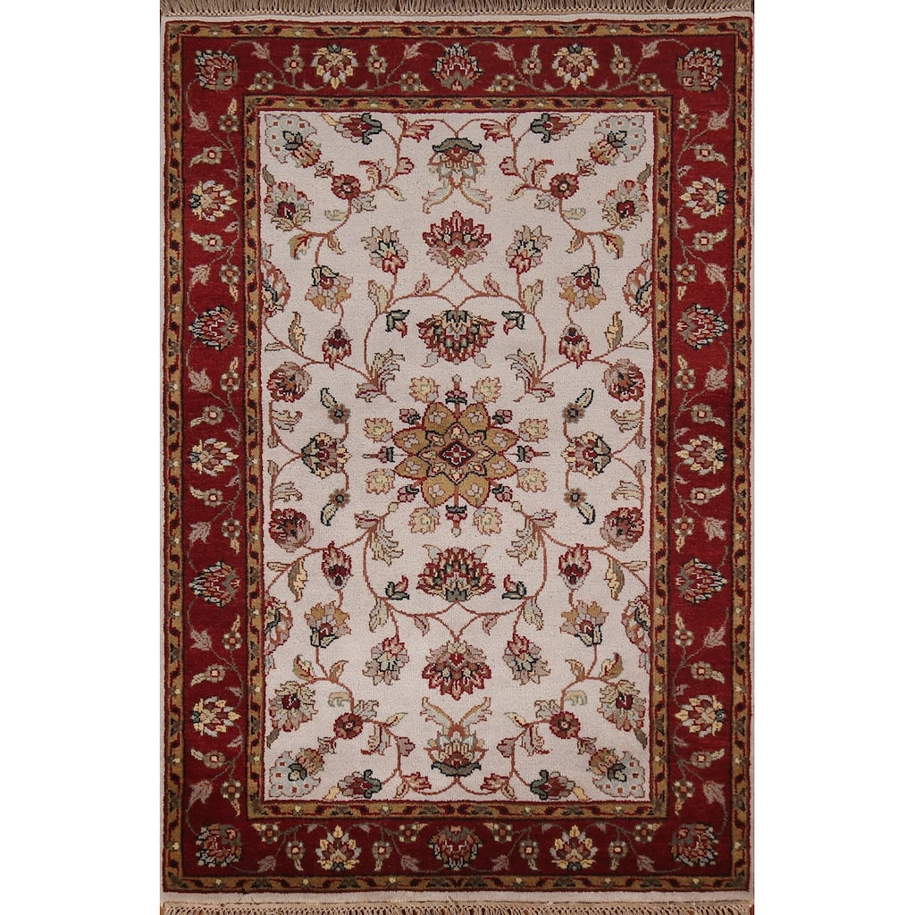Floral Ivory Agra Indian Foyer Rug Hand-Knotted Wool Carpet - 3'1"x 5'1"