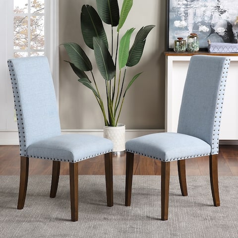 2PCS Fabric Dining Chairs with Copper Nails and Solid Wood Legs - Blue