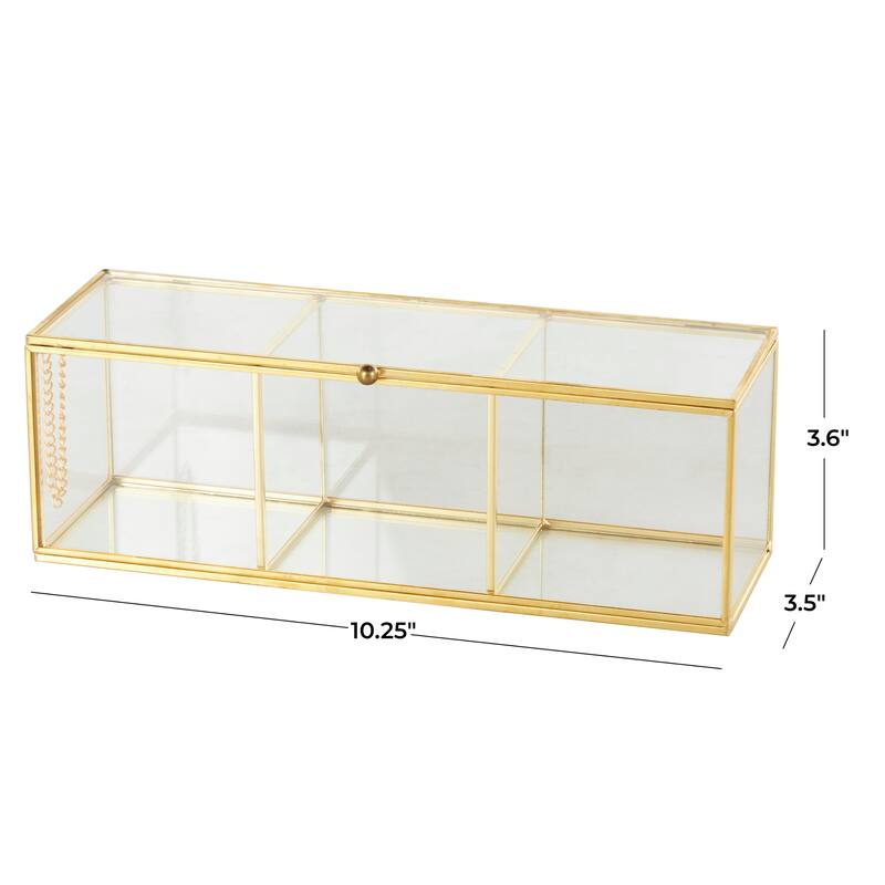 Clear Glass Slim Rectangular 3 Slot Decorative Jewelry Box with Gold Metal Frame and Chain Accent
