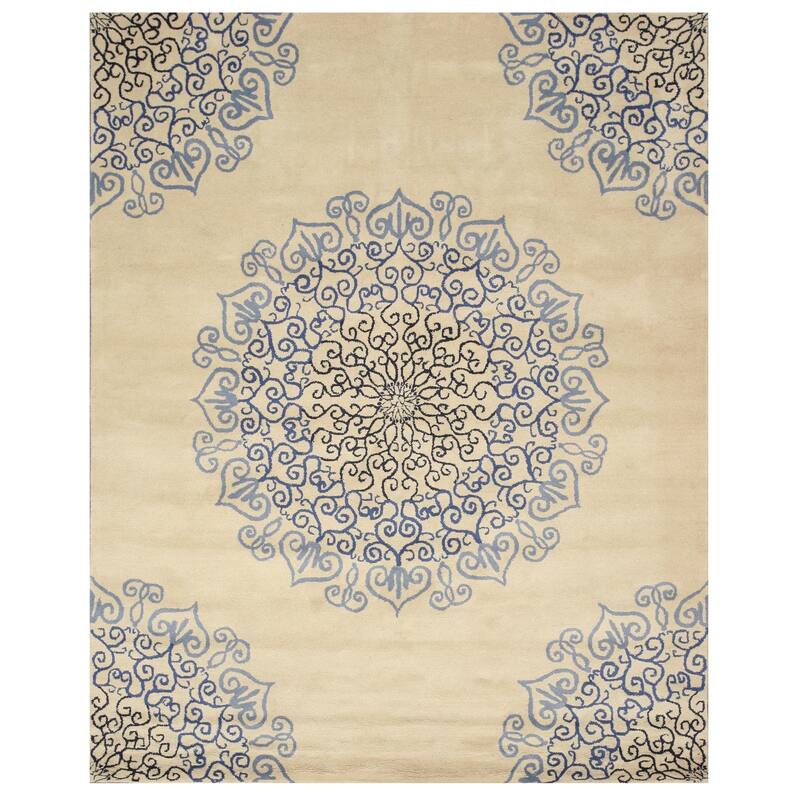 Blue Hand-Tufted Wool Transitional Modern Rug, 8'9 x 11'9 - Plush modern wool rug with timeless appeal. - N/A