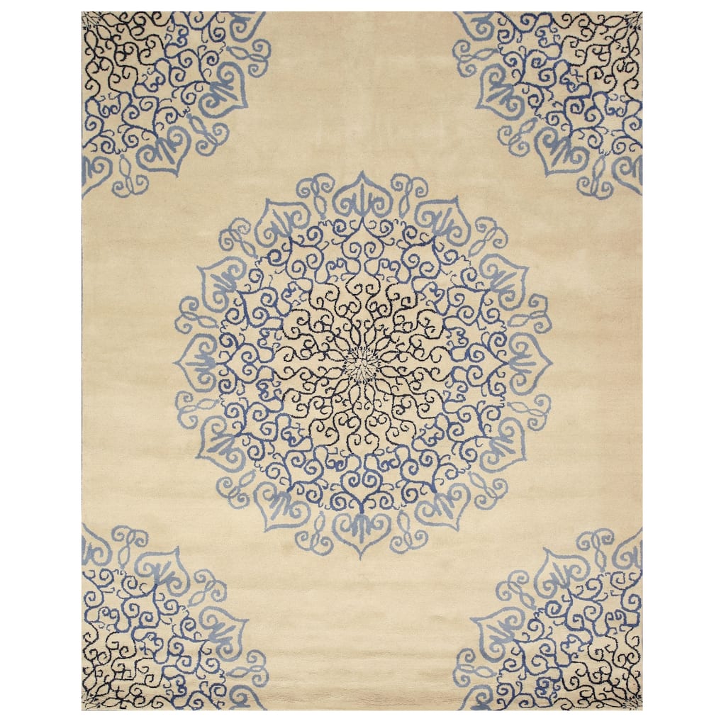 Blue Hand-Tufted Wool Transitional Modern Rug, 8'9 x 11'9 - Plush modern wool rug with timeless appeal. - N/A