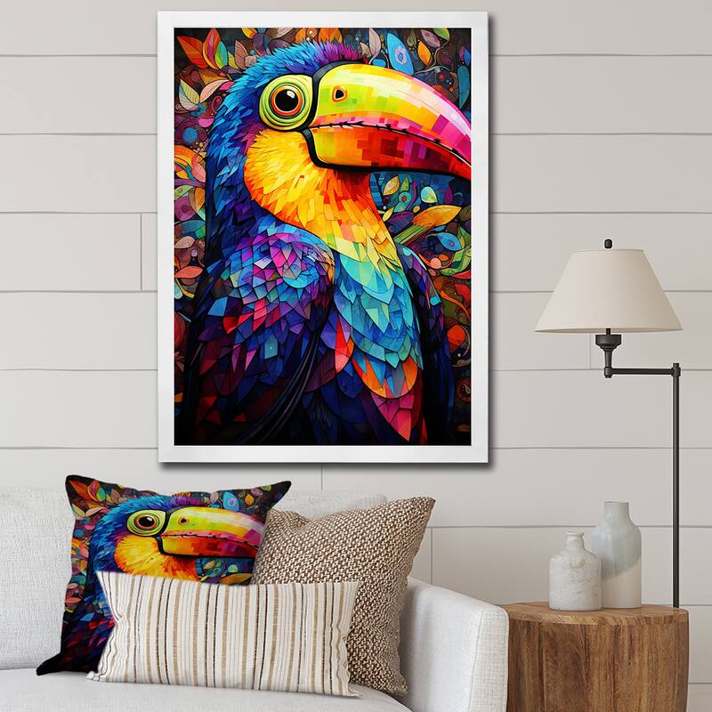 Designart "Yellow And Blue Tropical Toucan Jungle I" Toucan Wall Decor Blue - Traditional Living Room Framed Canvas Art - 34 in. wide x 44 in. high - White
