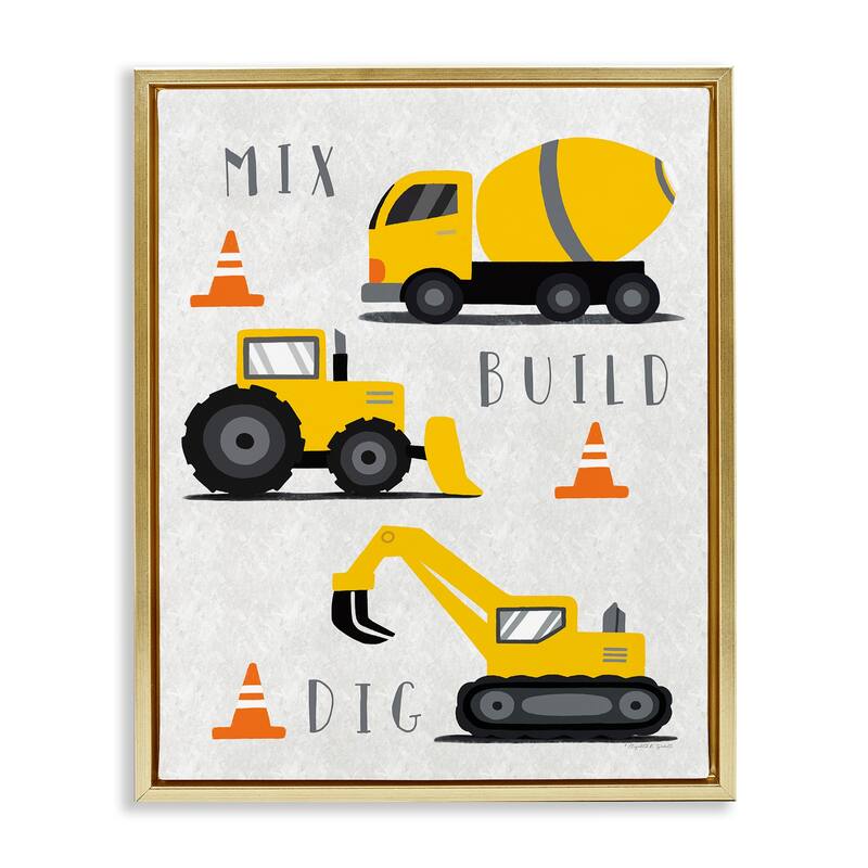 Stupell Mix Build Dig Trucks Framed Floater Canvas Wall Art Design By Elizabeth Tyndall - 17 x 21 - Gold