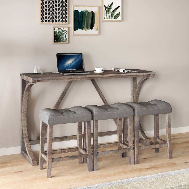 Bar Table Set with Power Outlet, Bar Table and Chairs Set, 4 Piece Dining Table Set
