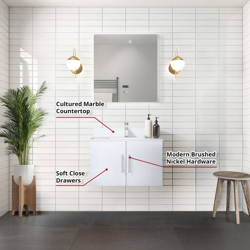 30" Marble Top Bathroom Vanity with Soft-Close Doors, 30" x 32" Mirror & Monte Chrome Faucet - Compact Design